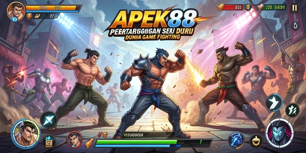 Screenshot APEK88 menampilkan karakter bertarung di arena pertarungan yang dinamis.
