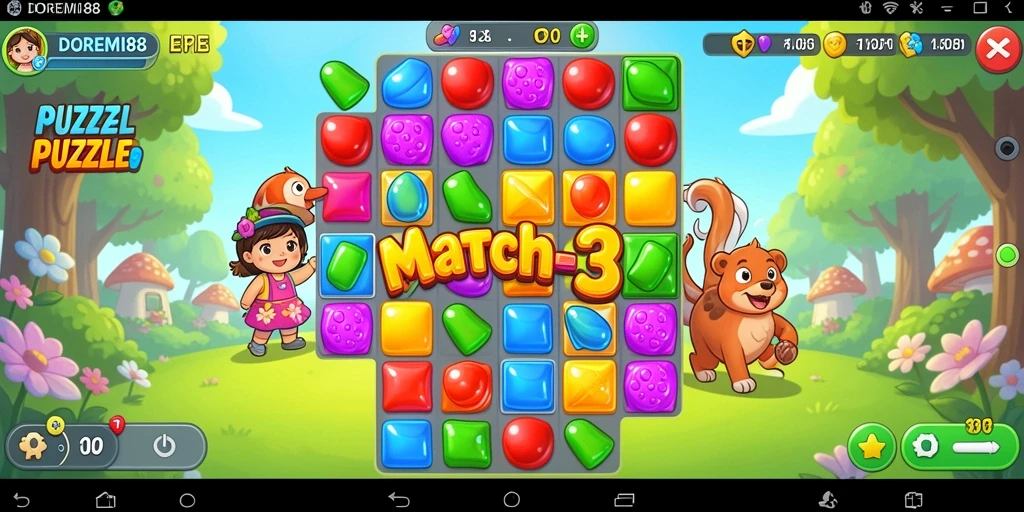 Screenshot DOREMI88 menunjukkan gameplay Match-3 yang seru dan penuh warna.