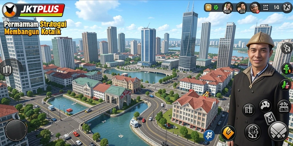 Screenshot gameplay JKTPLUS yang menampilkan strategi membangun kota.