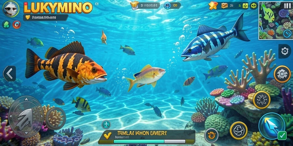 Screenshot gameplay LUKYMINO yang menampilkan aksi menembak ikan.