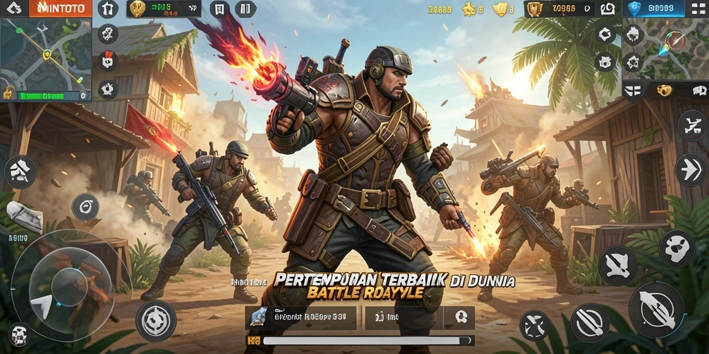 Screenshot gameplay MINTOTO menunjukkan aksi seru di arena perang.