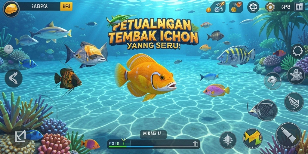 Tampilan gameplay RP8 dengan aksi menembak ikan yang seru.